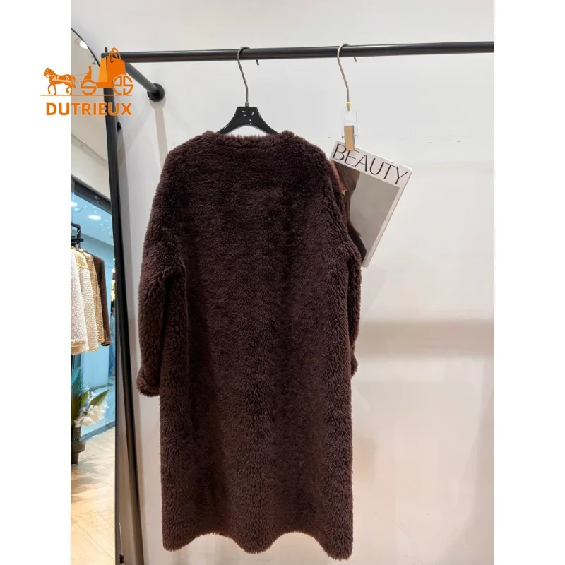 24 invierno nuevo abrigo de piel para mujer, abrigo de lana de cordero de oso de peluche con cuello redondo largo Simple chaqueta cálida de doble botonadura para mujer para trabajar