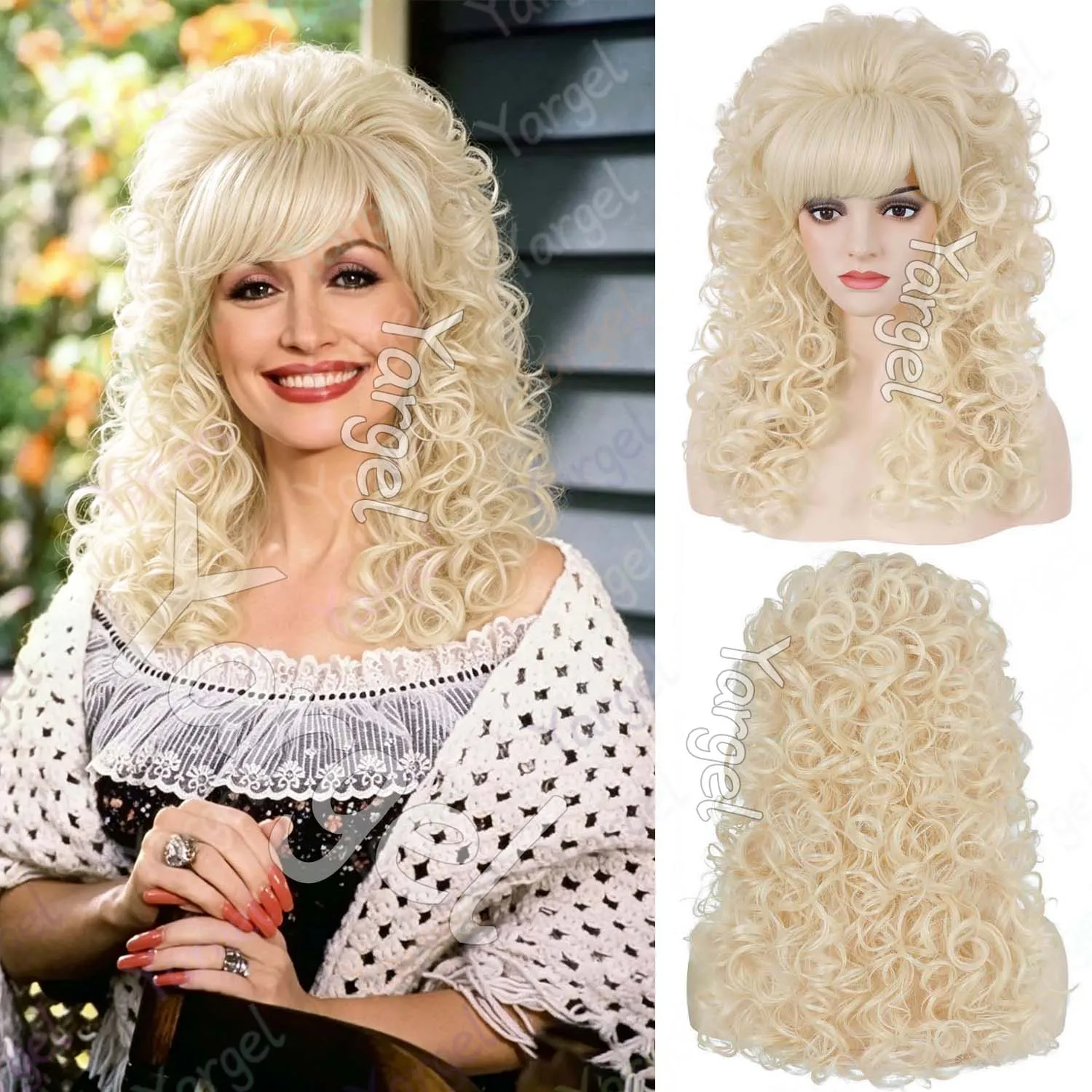 Synthetic Long Blonde Curly Wig with Bangs for Women, Multi Colores Retro Bouffant Beehive Dolly Wig for Halloween Cosplay Party
