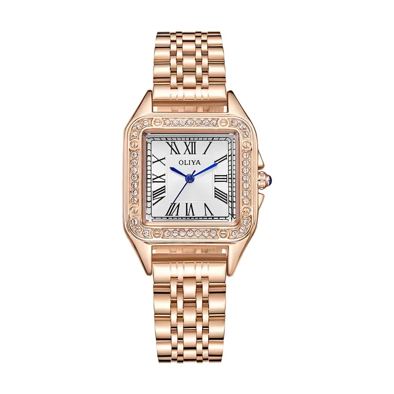 Light Luxury Waterproof Women's Watch Small Square Santos Series Fashion Diamond-encrusted Stainless Steel Quartz Watch