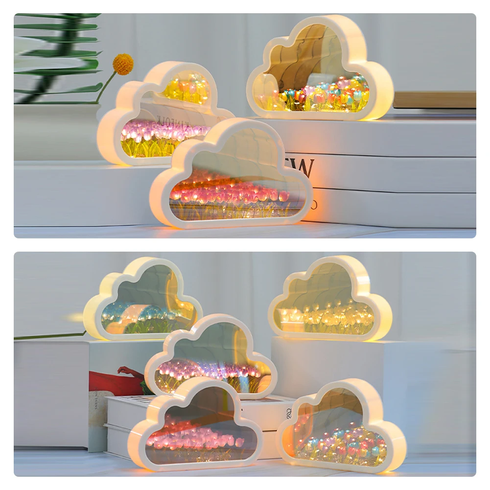 DIY Tulip Night Light Cloud Shape Mirror Simulation Flower Sleeping Table Lamp Home Bedroom Decoration Birthday Gifts For Teen