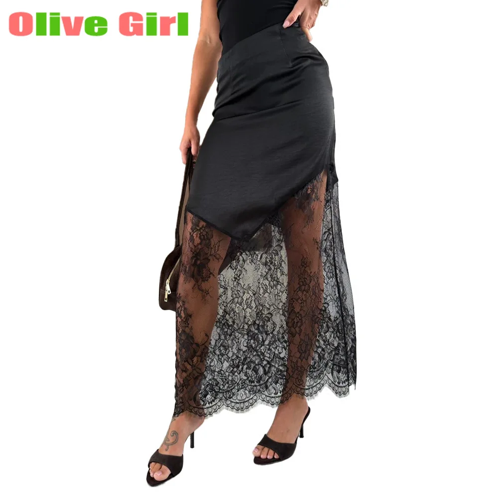 กระโปรงสั้นทรงสวยสไตล์เซ็กซี่ 2025 ยุโรปอเมริกา ฤดูใบไม้ร่วง ฤดูหนาว กระโปรงผู้หญิงเซ็กซี่แต่งลูกไม้แบบต่อผ้า ความยาวปานกลาง