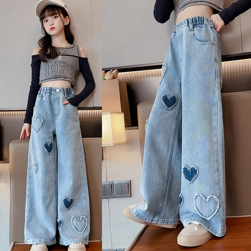 

4-14Y Spring Autumn Girls Jeans Love Pattern Solid Color Loose Fitting Casual Style Long Trousers For Kids Denim Wide Leg Pants