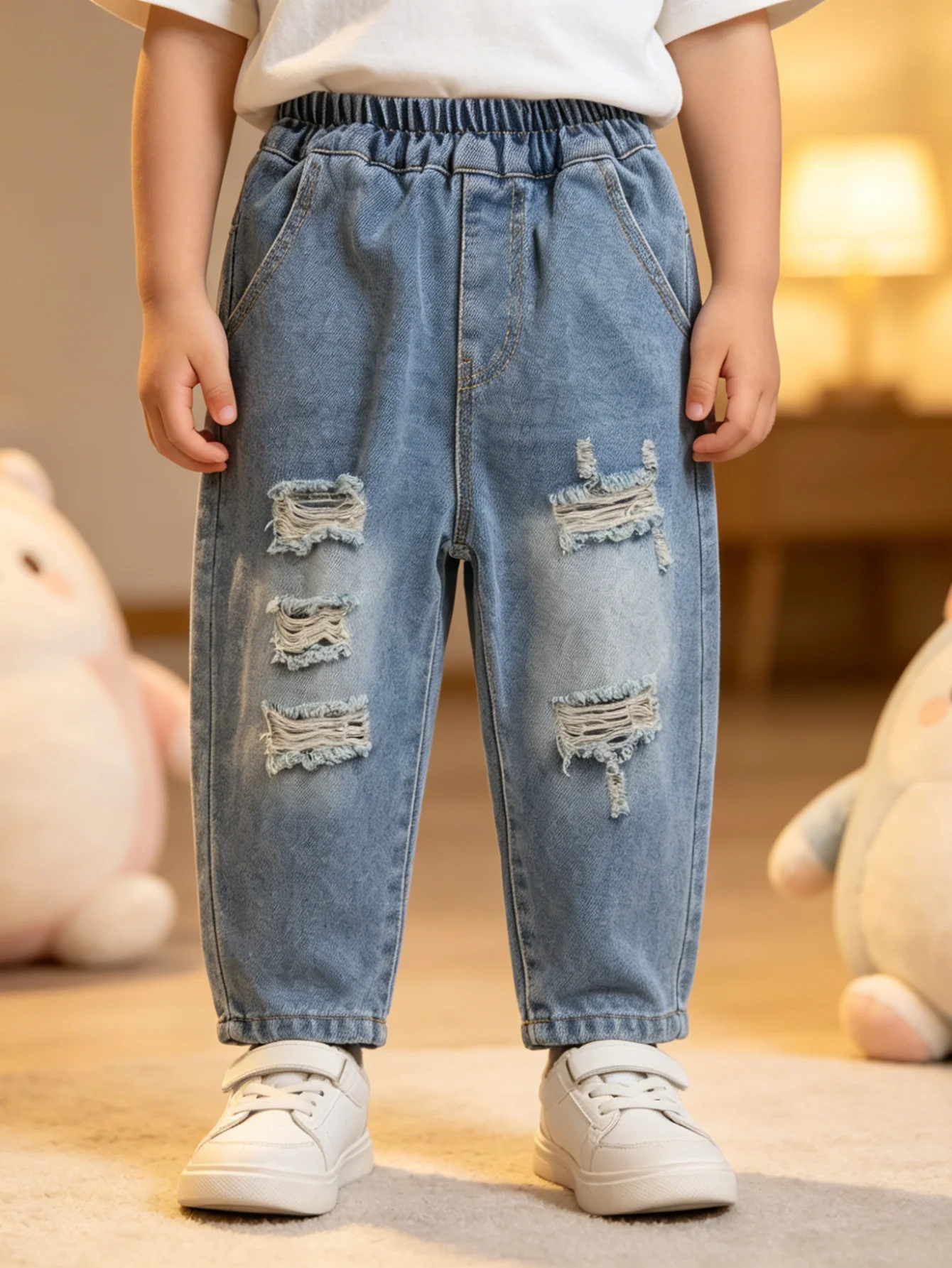 Vintage Light Wash Denim Pants For Boys, Distressed Frayed Hole Elastic Waist Jeans, Casual Loose Fit Streetwear Trousers