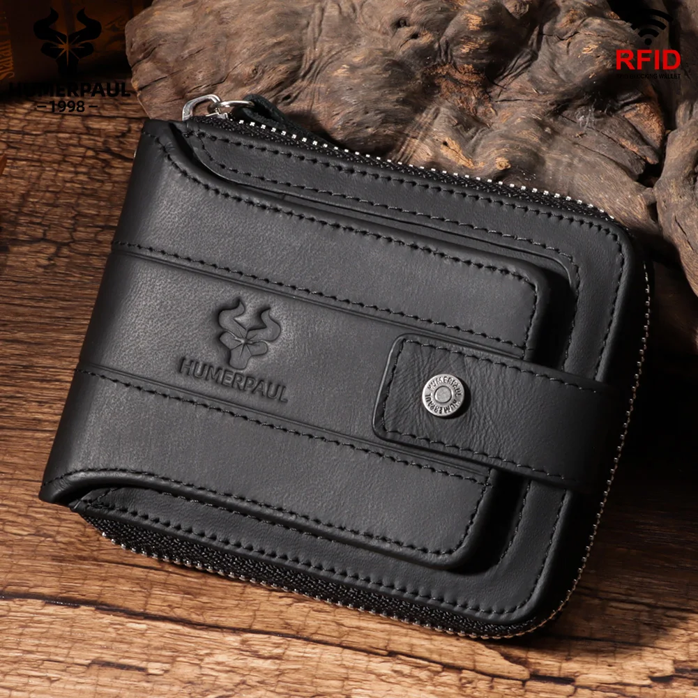 HUMERPAUL Genuine Leather Wallet for Men RFID Large Capacity ID Window Card Case with Coin Pocket Male Short Money Bag