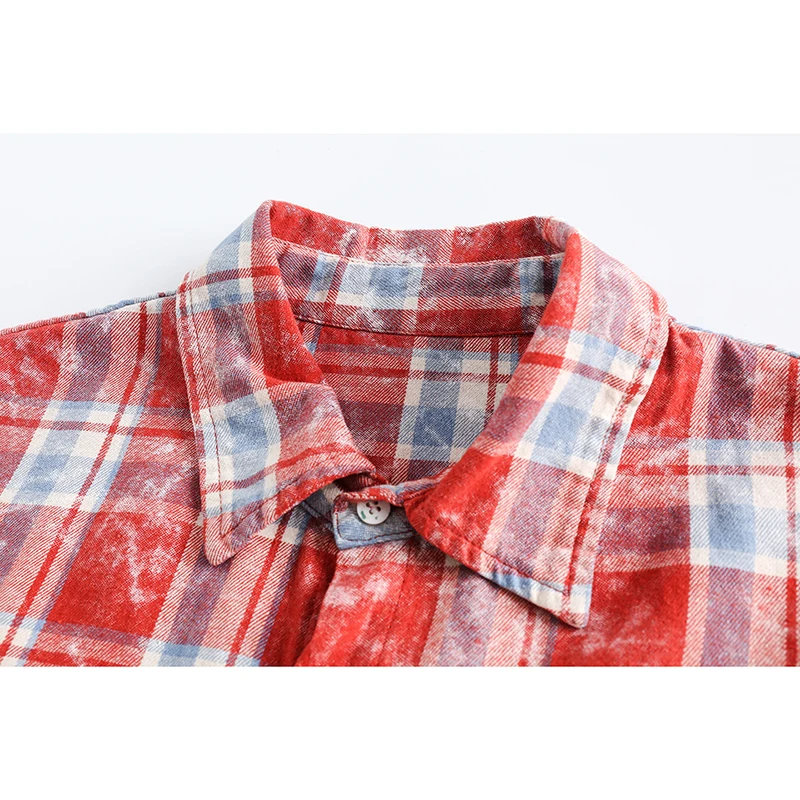 Men Streetwear Fashion Loose Casual Broken Edge Red Plaid Long Sleeve Shirts Women Shirt Boys Girls Y2k Clothes Unisex Blouses