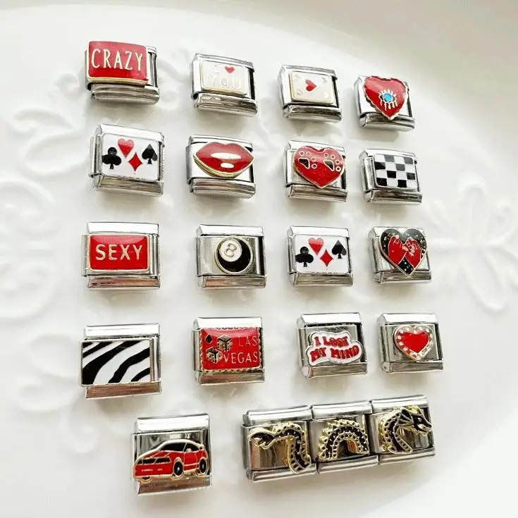 Mujeres Hombres Moda Rojo Negro Serie Patrón Poker Crazy Sexy Car Dragon Bead Charm Pulsera italiana Charm Joyería de acero inoxidable