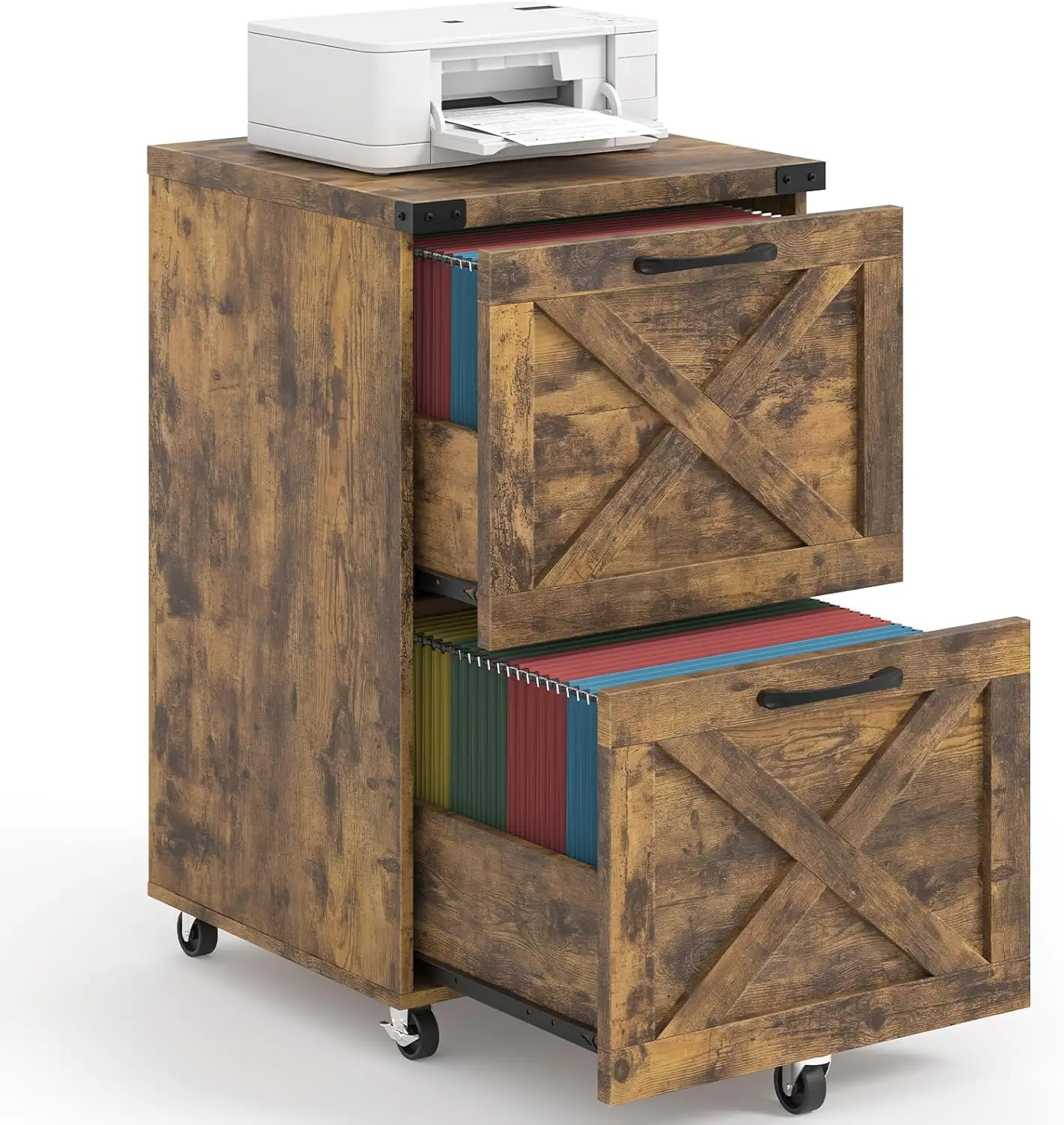 

2 Drawer Small File Cabinet with Wheels, Farmhouse Vertical Filing Cabinet Fits A4 or Letter Size, Under Desk Rolling File Cabin