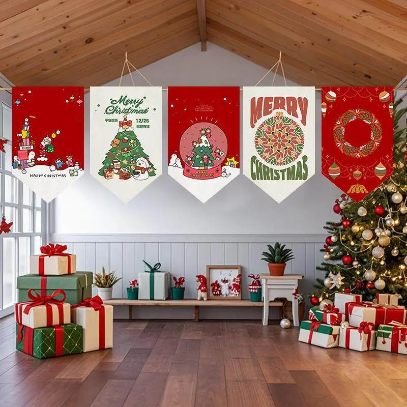 VIKAMA Christmas Triangle Flag Cartoon Santa Gift Xmas Tree Snow Globe Print Pennant Banner For Home Party Window Decor