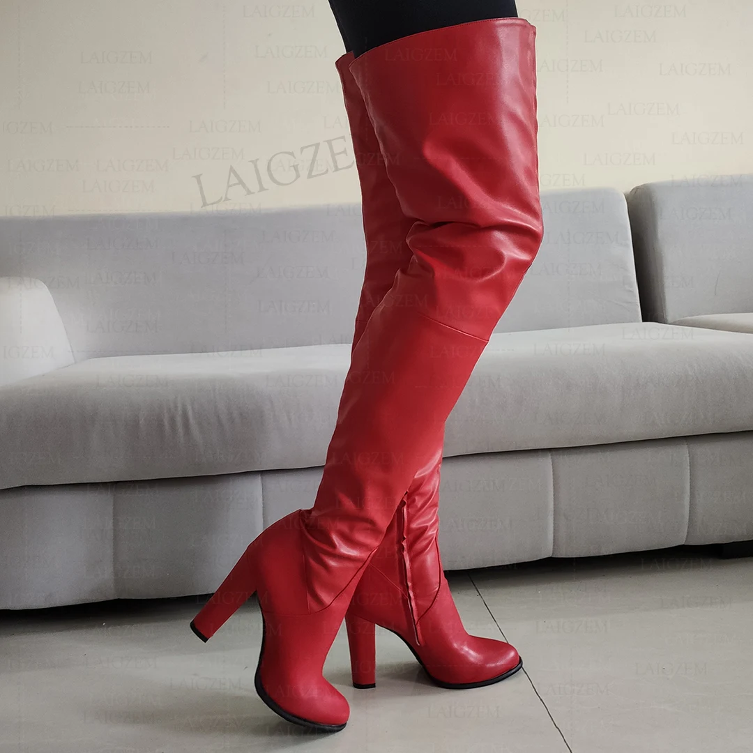 LAIGZEM Women Thigh High Boots Round Toe Side Zip Chunky Heels Over Knee Boots Handmade Ladies Shoes Woman Big Size 41 44 47 52