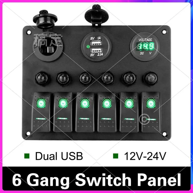 

AR-Universal Car RV 6 Switch Panel 12/24V Rocker Panel Voltmeter USB Charger Circuit Breaker Tester Light Toggle