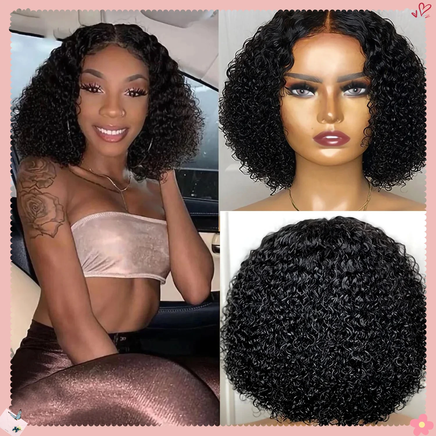 

Synthetic Curly Bob Wig Short Kinky Middle Part Heat Resistant Fiber Natural Black for Cosplay Party Costume Daily Use Women