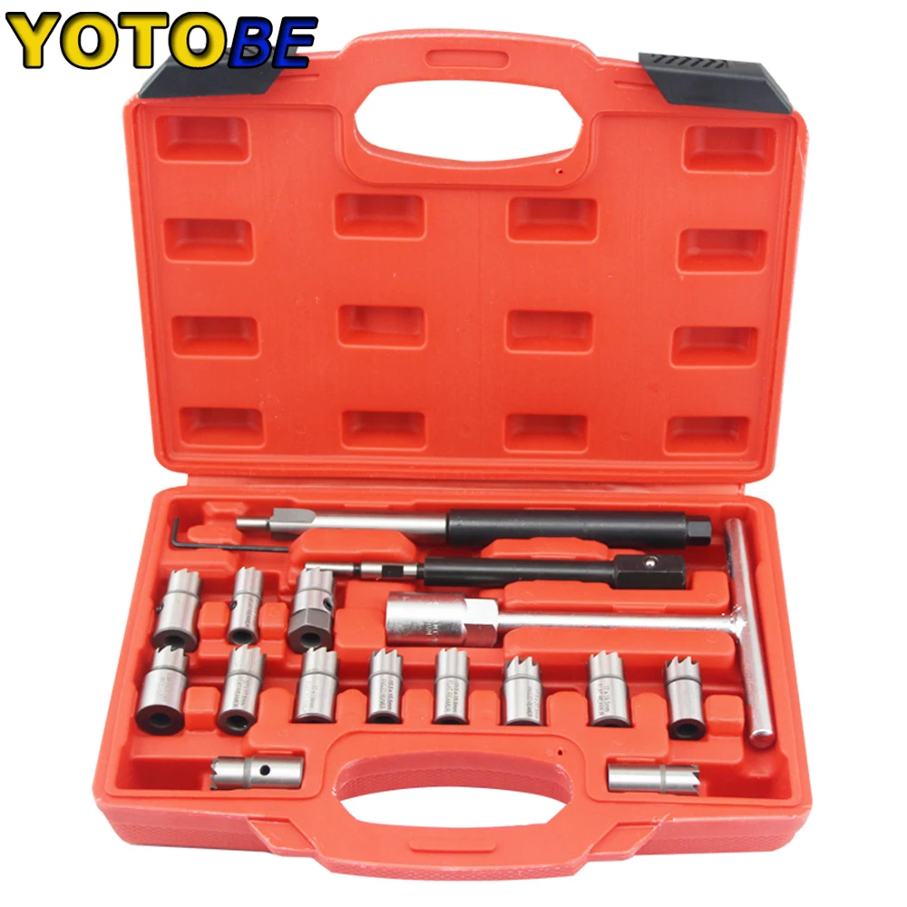 17Pcs Diesel Injector Seat & Cleaner Carbon Remover Seat Tools Injector Remover Cutter Milling Cutter Set Universal Car Tool Kit