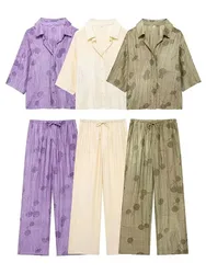 HH Casual Jacquard Shirt Pants Suit Women Lapel Half Sleeve Button Shirts Wide Leg Pant Suits Female Summer Streetwear Set