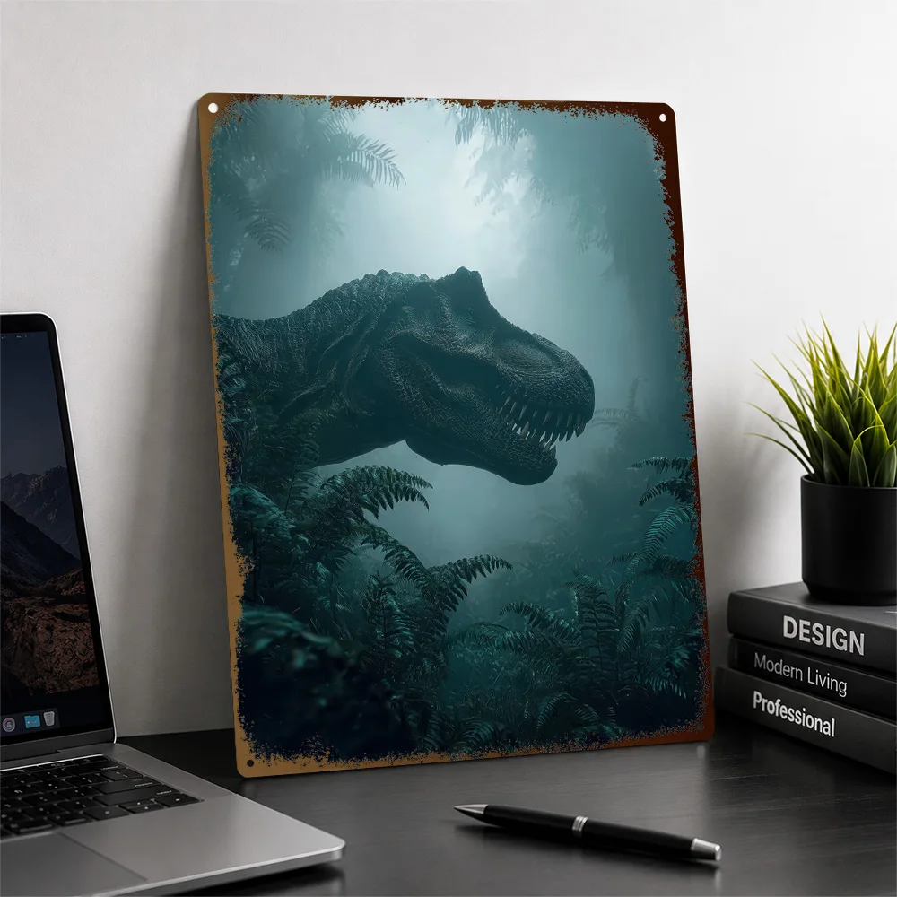 Tyrannosaurus Rex In A Misty Jungle Aluminum Poster Personalized Metal Sign Vivid Dark Folklore Wall Art Made For Fantasy Fans