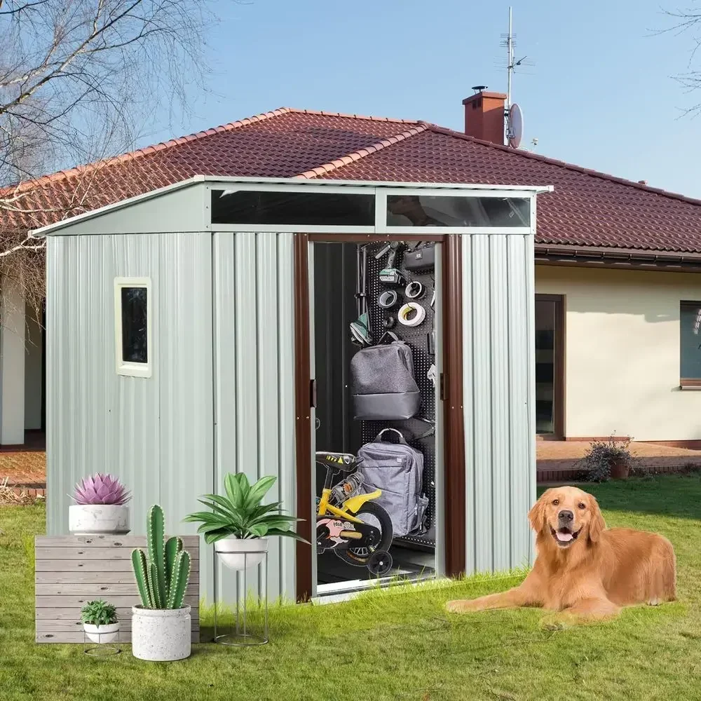 6x4.5ft Outdoor Storage Shed - Galvanized Metal, Windowed, with Metal Foundation for Garden Tools & Patio Lawn
