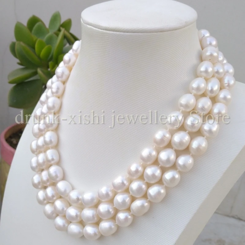 Triple Strand 3 Rows Handmade 10-12mm Pearl Long Necklace Neck Hand-Woven Gift Girlfriend Wife Free Shipping