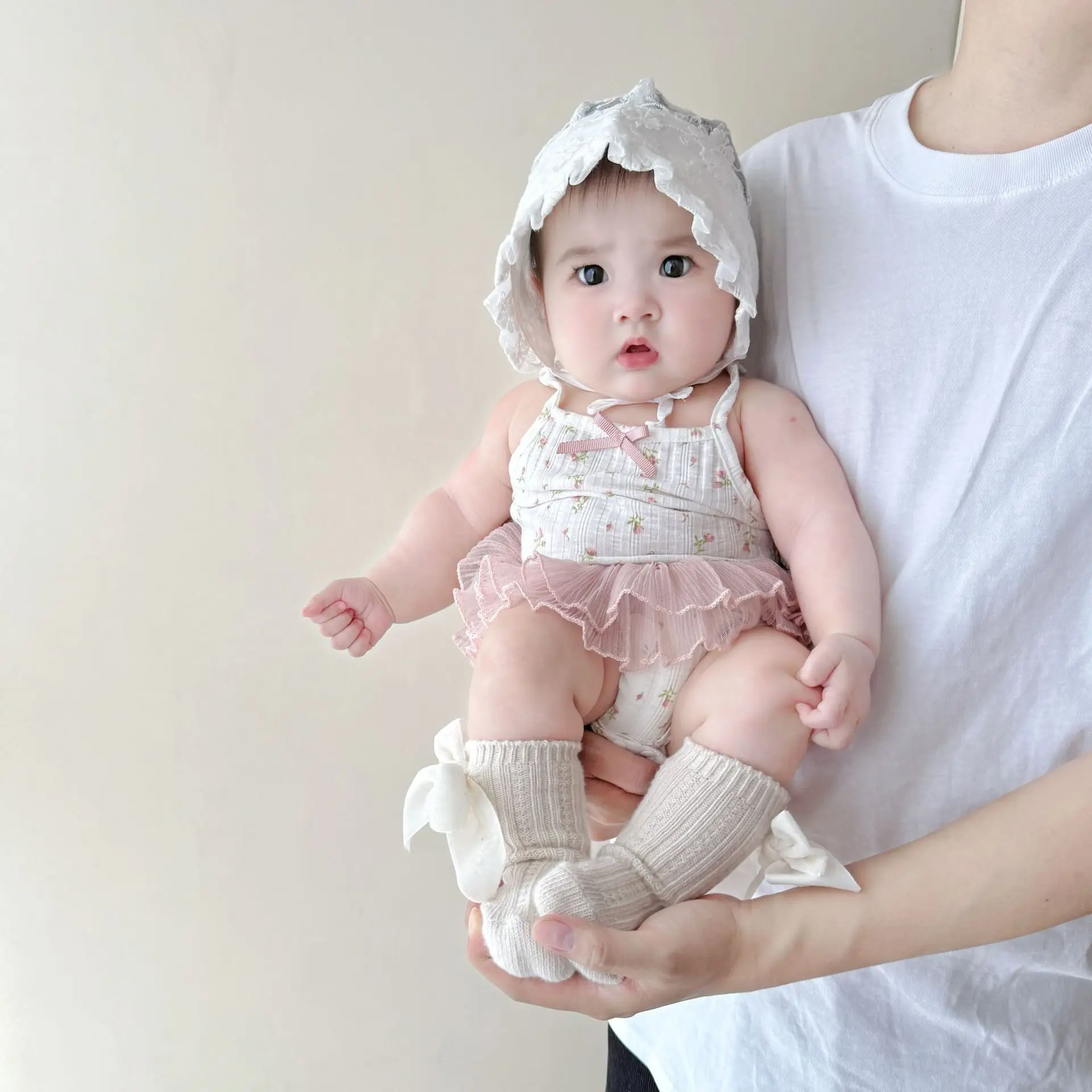 Newborn Baby Jumpsuit Summer Outfit Baby Girl's Suspender Bag Fart Bow Mesh Lace Sleeveless Thin Style