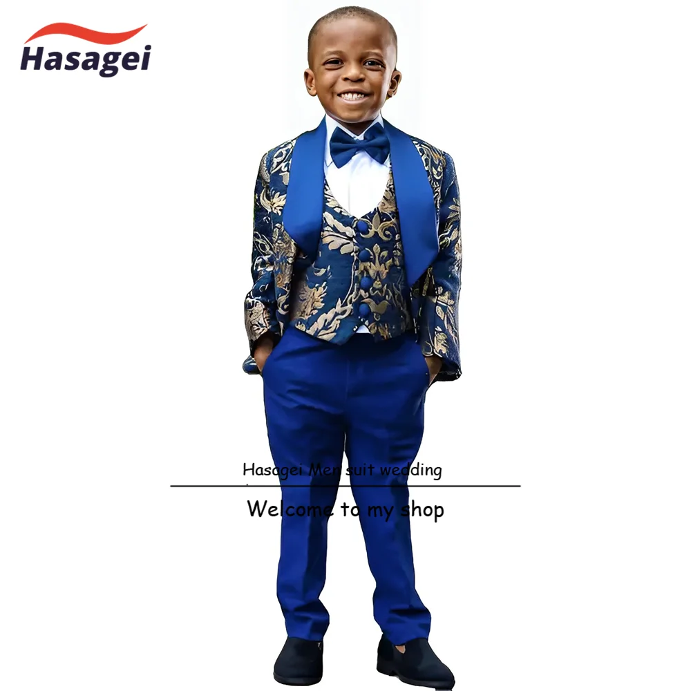 Gold Pattern Boys Suit 3 Piece Suit with White Pants Formal Kids Wedding Tuxedo Teen Stage Performance Wear 2-16 Years Old