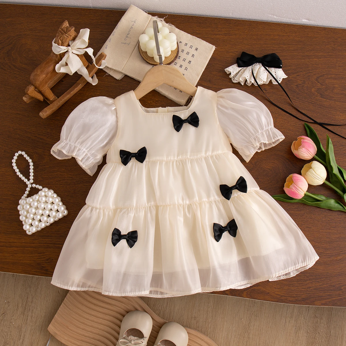 vestido-de-verao-para-menina-em-algodao-cor-solida-com-laco-e-mangas-em-bolha-vestido-casual-e-fofo-para-praia-vestido-de-princesa-para-bebe