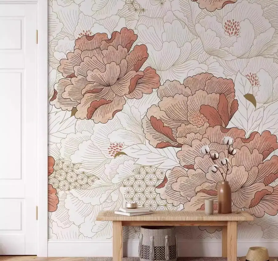Custom wallpaper Pink big peony flower lines watercolor wallpaper living room TV Homestay background wall decoration wallpaper