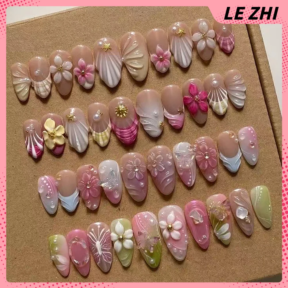 3D Lily Flower Gel Shell French Press On Nails Party Sticker Butterfly Medium Almond Pink Nude Gradient Fake Nails Party Sticker