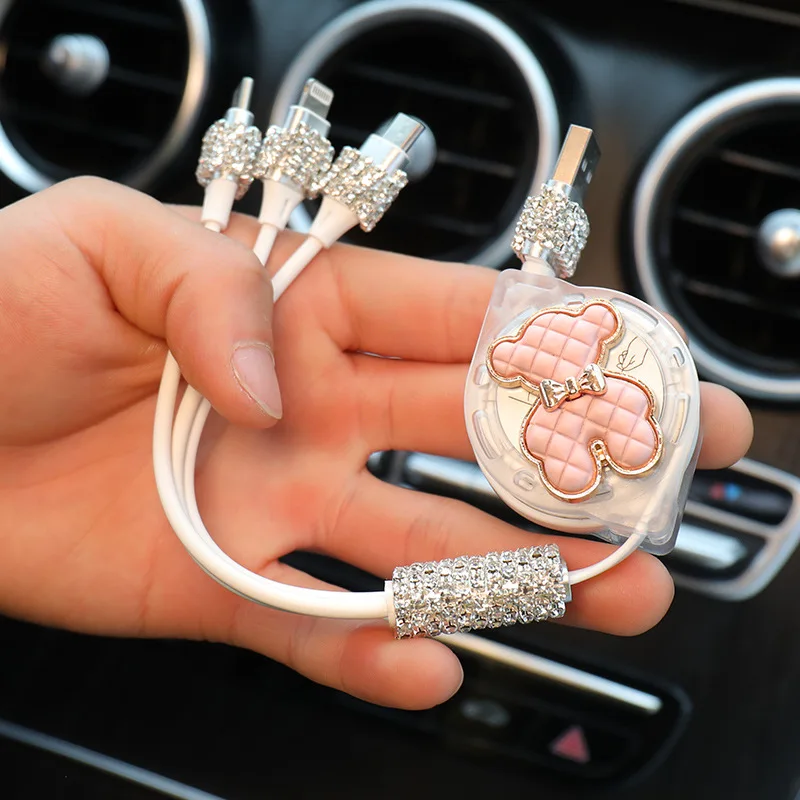 Bling Crystal Car Charger Charming Cute Auto Fast Charging with 1 in 3 Data Line Car Accessories for Android IPhone