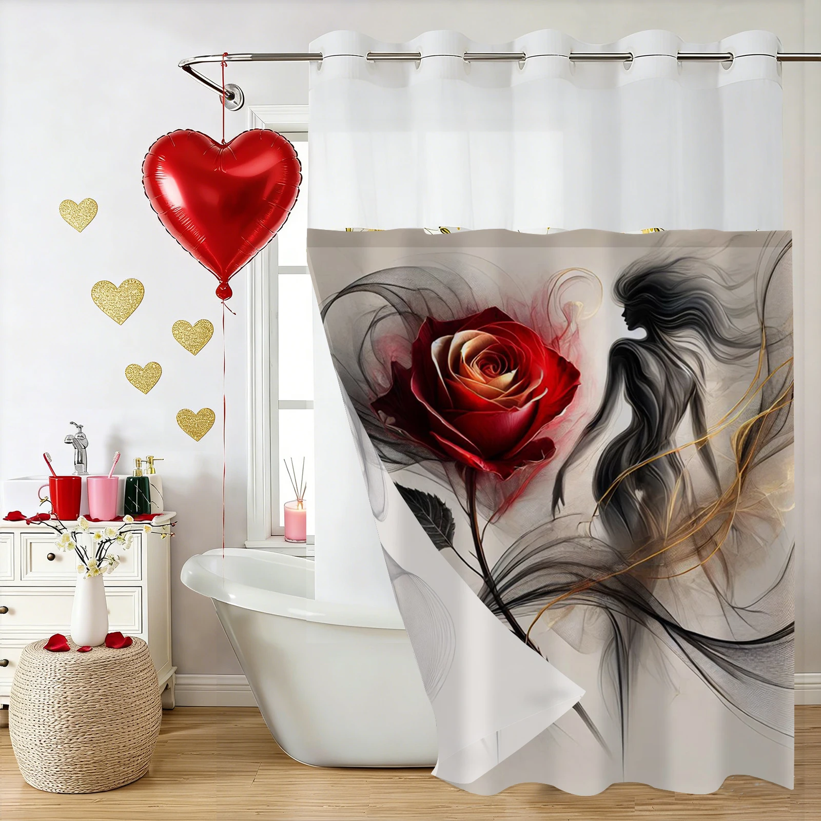 

No Hook Valentine's Day Pink Love Heart Shower Curtain With Snap-in Fabric Liner Sheer Top Window, Double Layer Bathtub curtain