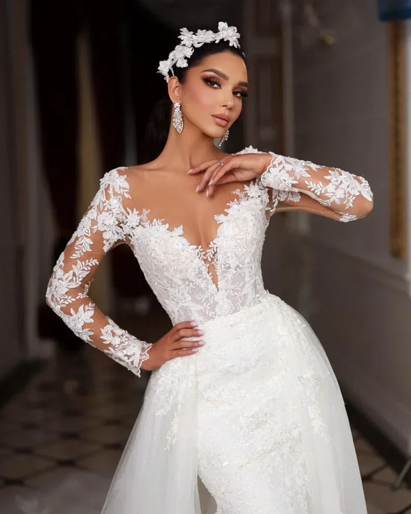 White Lace Appliques Wedding Dresses Fashion Sweetheart Long Sleeves Mermaid Gowns Chic Sweep Train Women Bridal Dresses