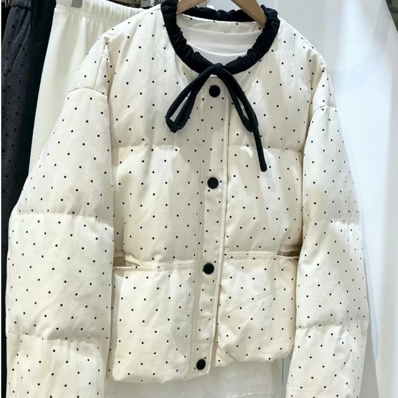 Polka Dot Women's Bow Padded Coat Winter Loose Trendy Fashion Classic Cozy Warm Soft Chic Y2k Luxury Outerwear Charming Coats