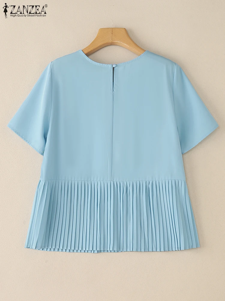 ZANZEA สตรีลําลองจีบ Hem เสื้อ 2025 ฤดูร้อน O-คอสั้นแขนยาวสีทึบ Blusas Mujer วันสวมใส่แฟชั่นเสื้อยืด Tops