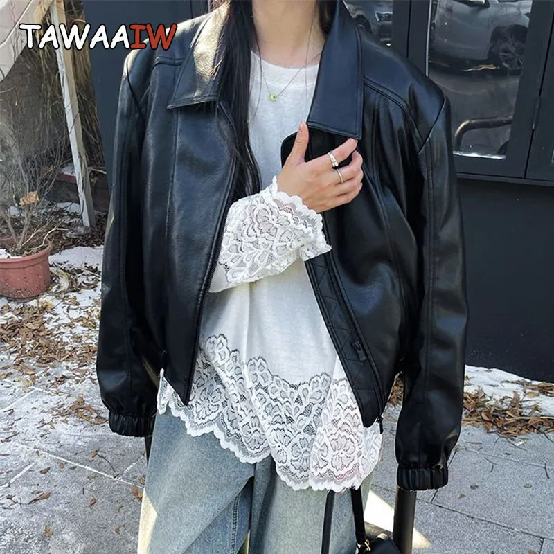 Tawaaiw Streetwear Patchwork Lace T Shirt Women Clothes Long Sleeve Korean Fashion Autumn Tops Solid Interior Base Tees Y2k