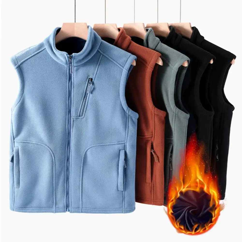 Men Polar Fleece Vest Coat Fall Winter Stand-Up Collar Male Waistcoat With Zipper Pockets Thermal Insulation Vest Jacket