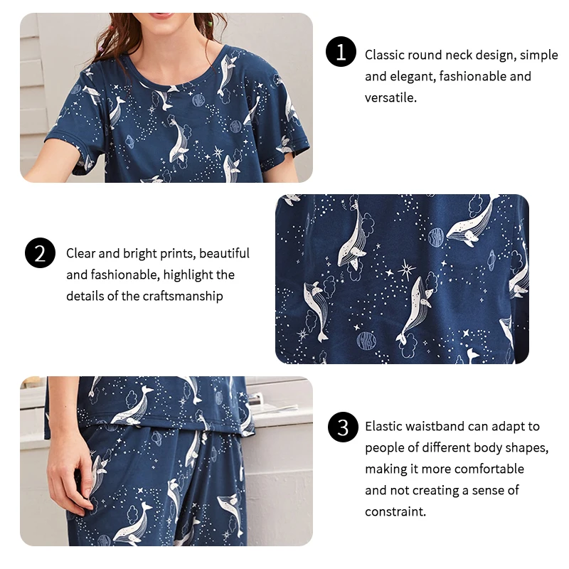 Women Pajama Sets Soft Comfy Pj Set Short Sleeve Tops And Long Pants Pajama Dark Blue Cute Dolphin Print Sleepwear With Eye Mask