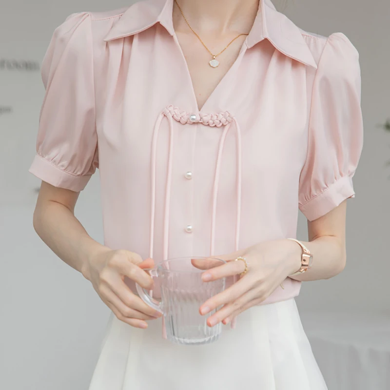 EVNISI Women Elegant Pink Pearl Button Shirt Polo Collar Chic Loose Office Short Sleeve Blouse Casual Lady Tops Summer 2024