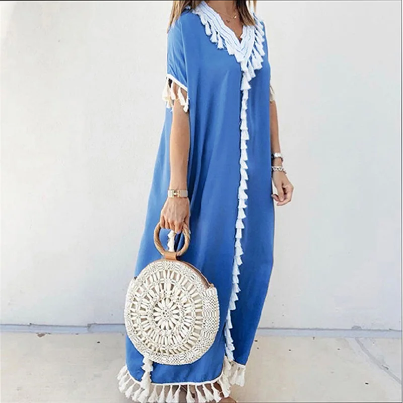 Summer Women Bohemian Long Dress Sexy V-neck Tassel Beachwear Cover-ups Muslim Caftan Moroccan Sundress Islamic Loose Lady Abaya