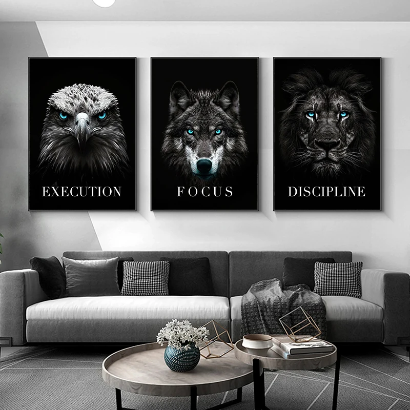 Póster de inspiración de animales negros, impresión en lienzo de Animal, águila, León, Lobo y póster, pintura artística de pared para decoración del hogar y la sala de estar