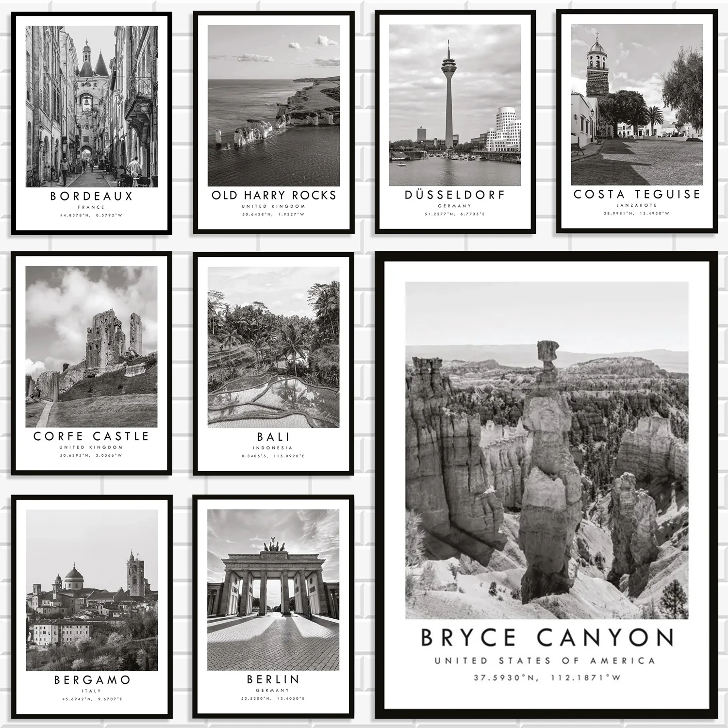 Vintage Black & White World Travel Coordinates Canvas Prints Europe City Landmark Poster Landscape Wall Art For Home Room Decor