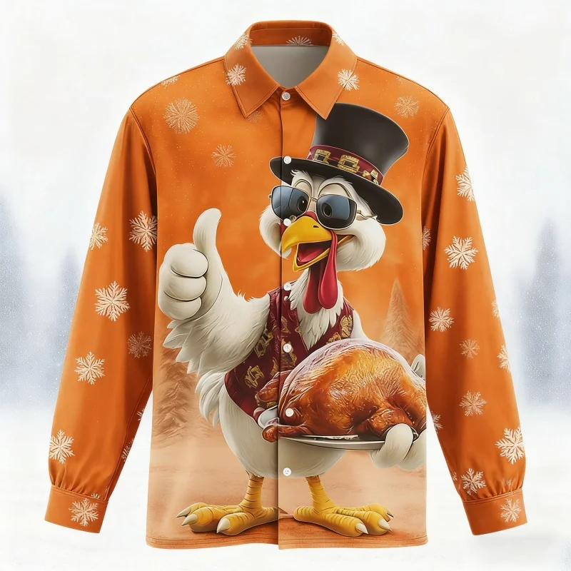 Christmas-Themed Men's 3D Turkey Print Long-Sleeve Comfort Shirt Button-Down Collar Design Holiday Breathable Shirt