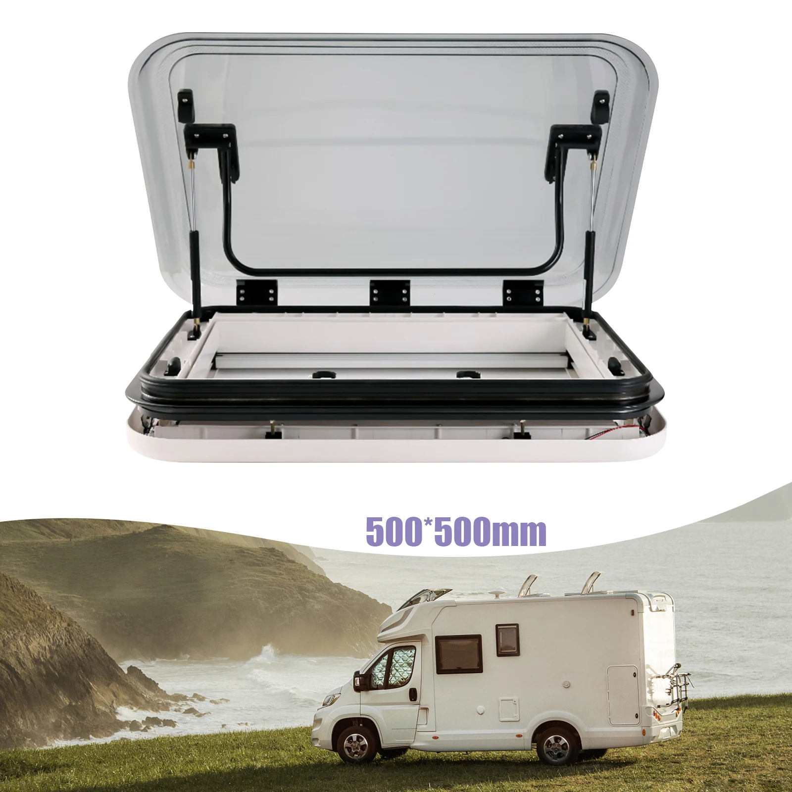 

RV Caravan Motorhome LED Lights Skylight Roof Window Hatch 500 * 500mm Vent White Lid ABS Inner Frame for Camper Trailer Vans