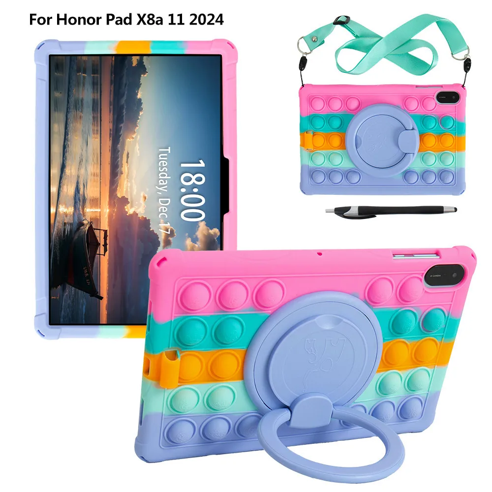 360° Rotatable Silicone Bubble Cartoons Stand Case for HONOR Pad X8b LTE 11 inch X8b NDL2-W09 with Shoulder Straps Stylus Pen