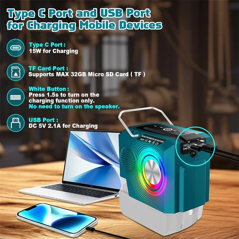 Bluetooth Speaker For Makita/Dewalt/Milwaukee/Bosch 18-20V Li-ion Battery With USB Type-C output Port Player Loudspeaker