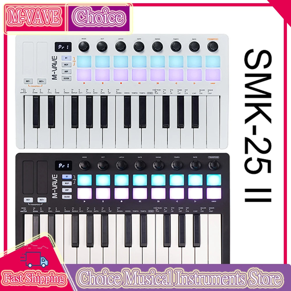 Teclado MIDI M-VAVE SMK-25-Ⅱ de 25 Teclas con Pads de Percusión RGB, Teclado MIDI de 25 Teclas con Pads de Percusión RGB, Teclado con Pads de Percusión RGB ﻿
