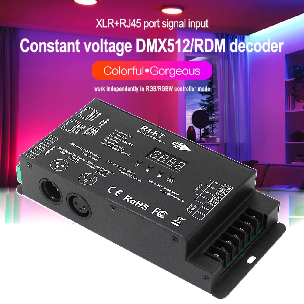 

RDM светодиодный RGBW декодер, 4CH DMX512, DC12-24V PWM, диммер DMX, декодер, сценический эффект, DJ-контроллер с цифровым дисплеем XLR3 RJ45