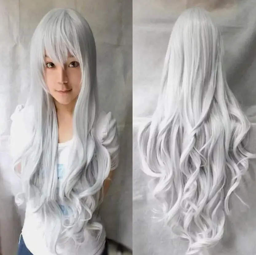 New Silver White Women's Wigs Long Curly Anime Cosplay Wigs 80cm/32" + Wig Cap