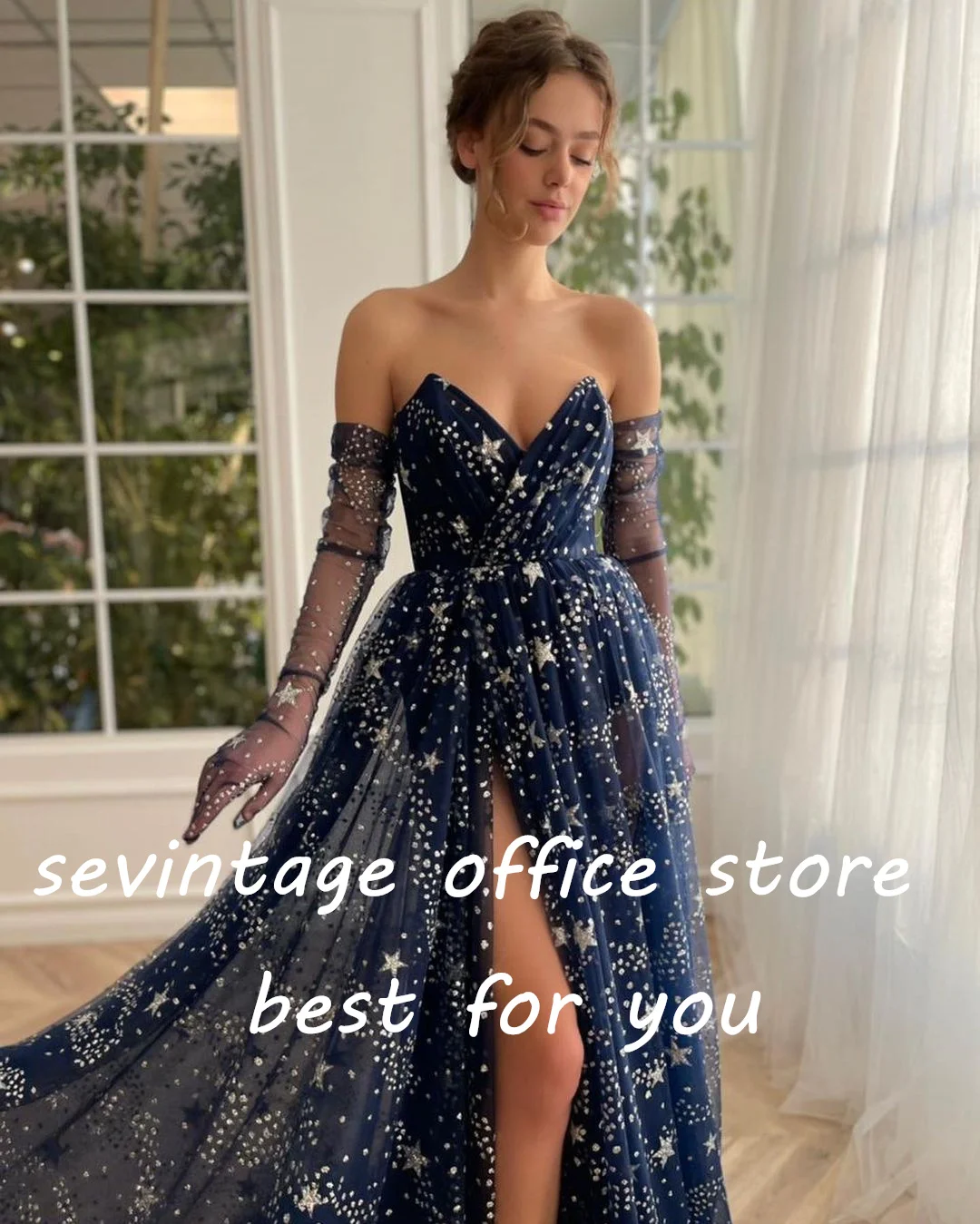 Sevintage-azul marinho estrelado tule vestidos de baile para mulheres, side split, a-line, vestidos formais de festa à noite, v-neck, vestido árabe saudita