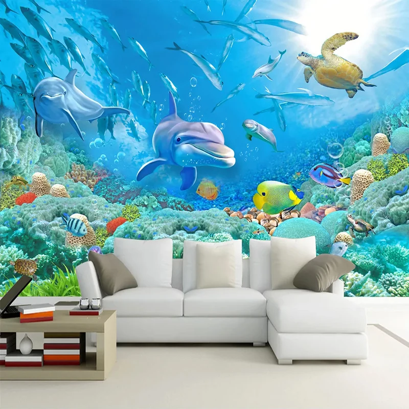 

Custom Large Size Photo Underwater World 3D Dolphin Fish Coral Mural Living Room TV Background Wallpaper for Wall 3D