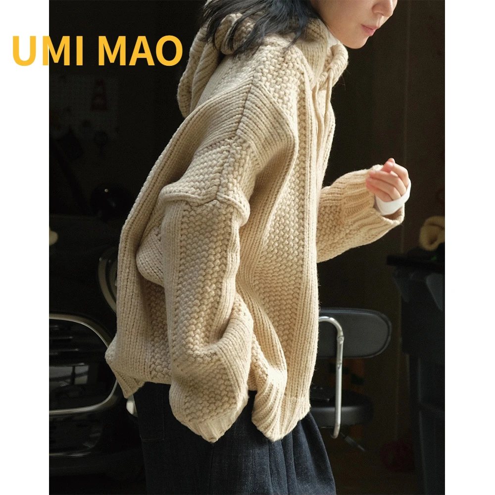 

UMI MAO Heavyweight Autumn Winter New Hooded Knitted Textured Sweater Texture Button Slim Relaxed Commuter Top Women Femme Y2K