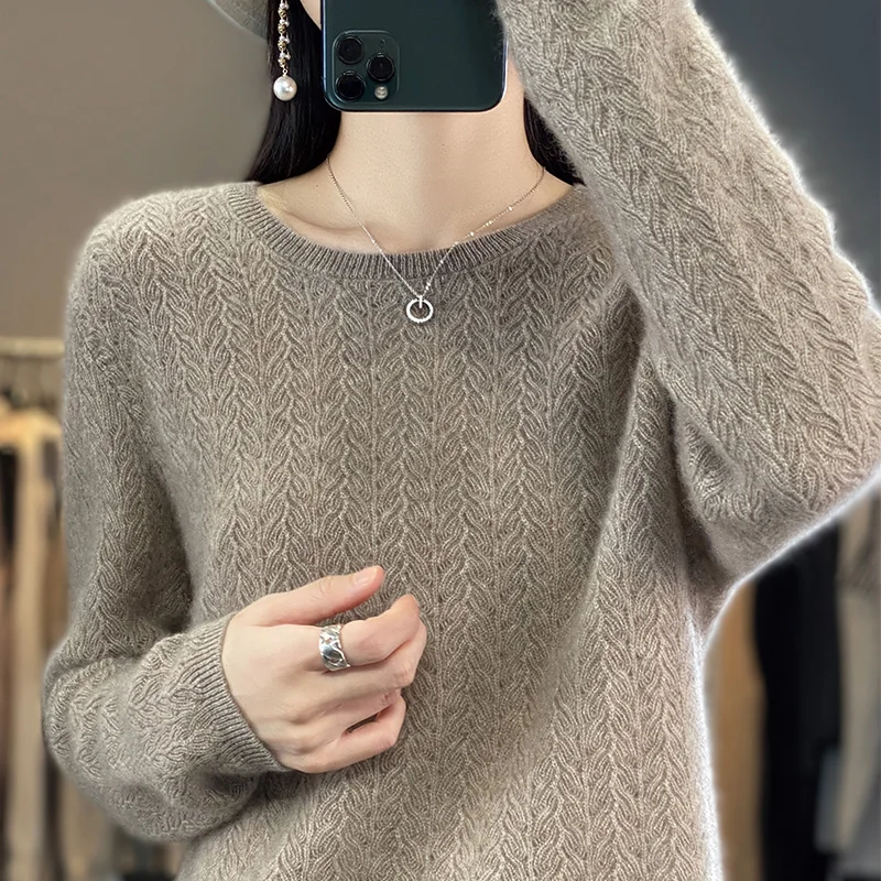 Autumn/Winter New 100% Pure Wool Sweater Casual Solid Color Knit Blouse Round Neck Hollow Tops Fashion Ladies Pullover