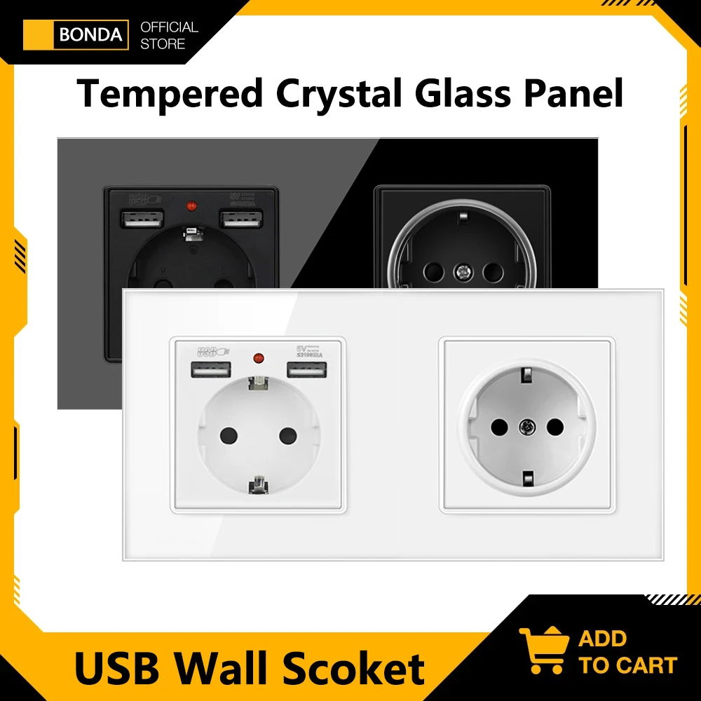 BONDA Power Socket Wall USB Power Outlet Charging Interface Crystal Glass 172mm * 86mm 16A 220V Double rim Household socket