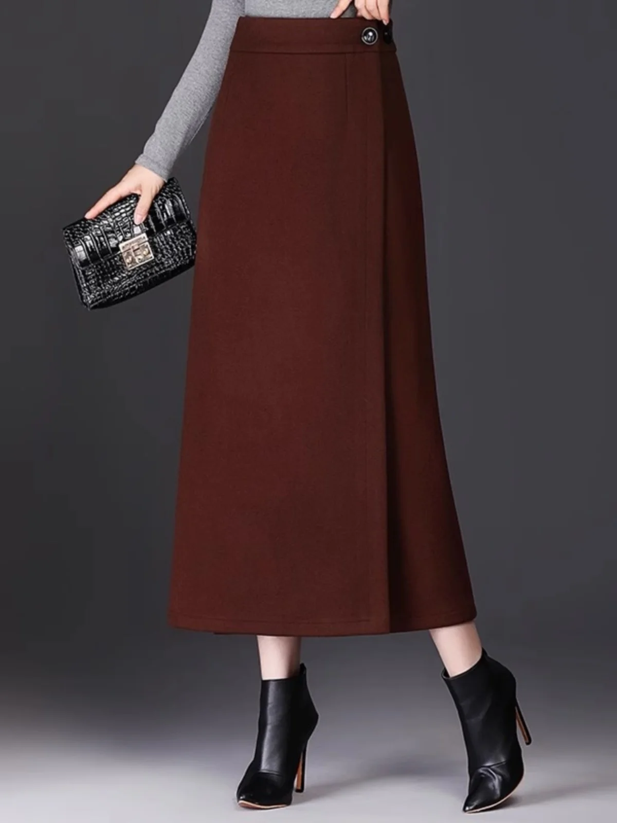 Elegant Woolen  Midi Skirt Women's Spring Autumn New Style Bodycon Asymmetrical High Waist Pure Color Commute Skirt